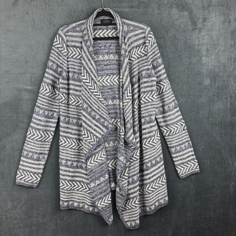 Lucky Brand Gray and White Aztec Patterned Cardigan Sz Medium